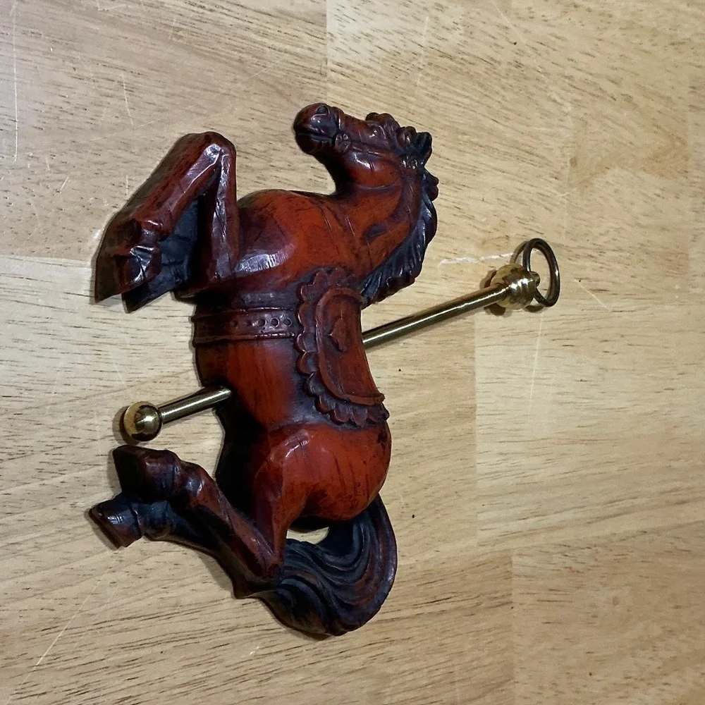 Brown Carved Horse Wall Hook with Brass Accent - Decorative Home Hook